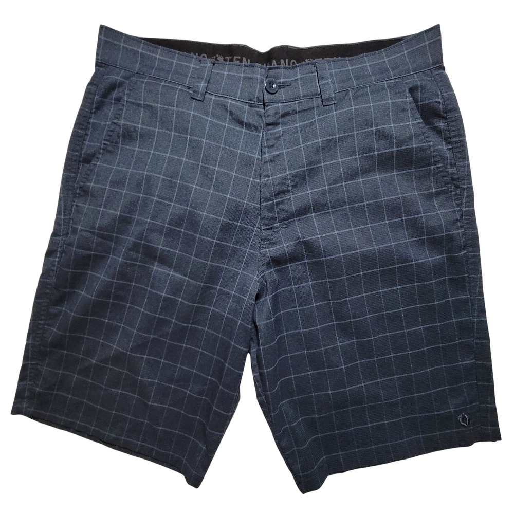 Hang Ten Hybrid Shorts Mens 34 Navy Blue Windowpane Plaid Stretch Casual Surf